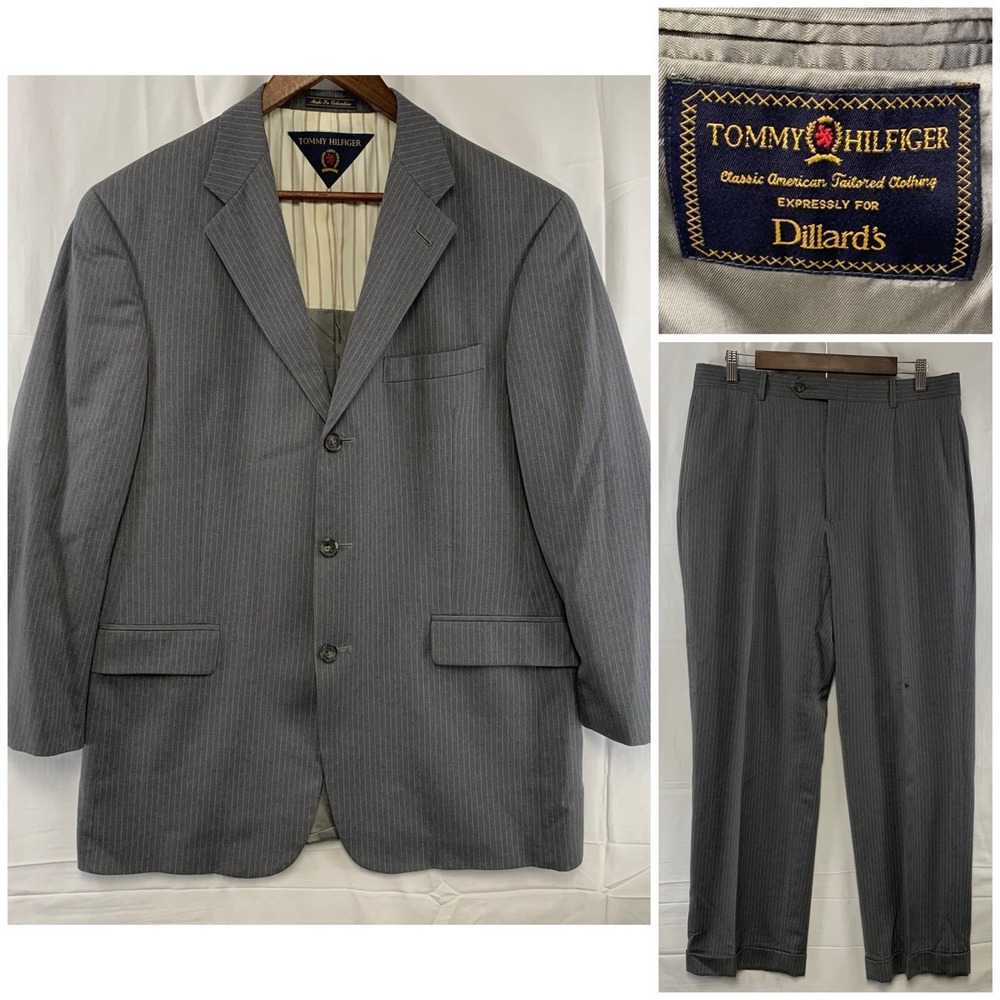 Tommy Hilfiger 2Pc Gray Pinstripe Wool Suit Mens 41R / 34 x 30 Jacket Pants